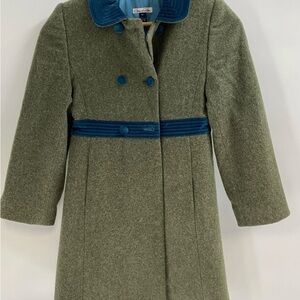 Oscar De La Renta Girls Green Wool Coat 8y Velvet Trim Double Breasted